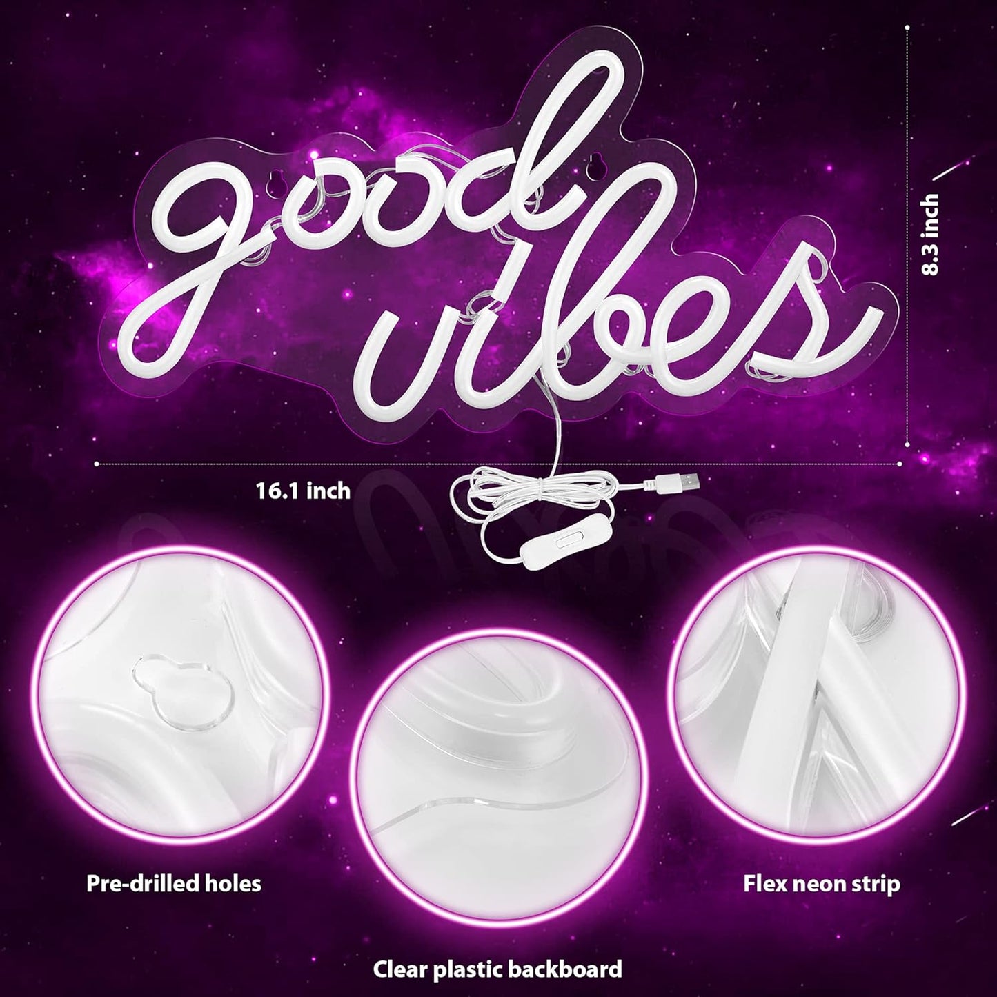 Pink Good Vibes Neon Sign - Neon Lights for Bedroom, LED Neon Signs for Wall Decor (16.1 X 8.3 Inch)